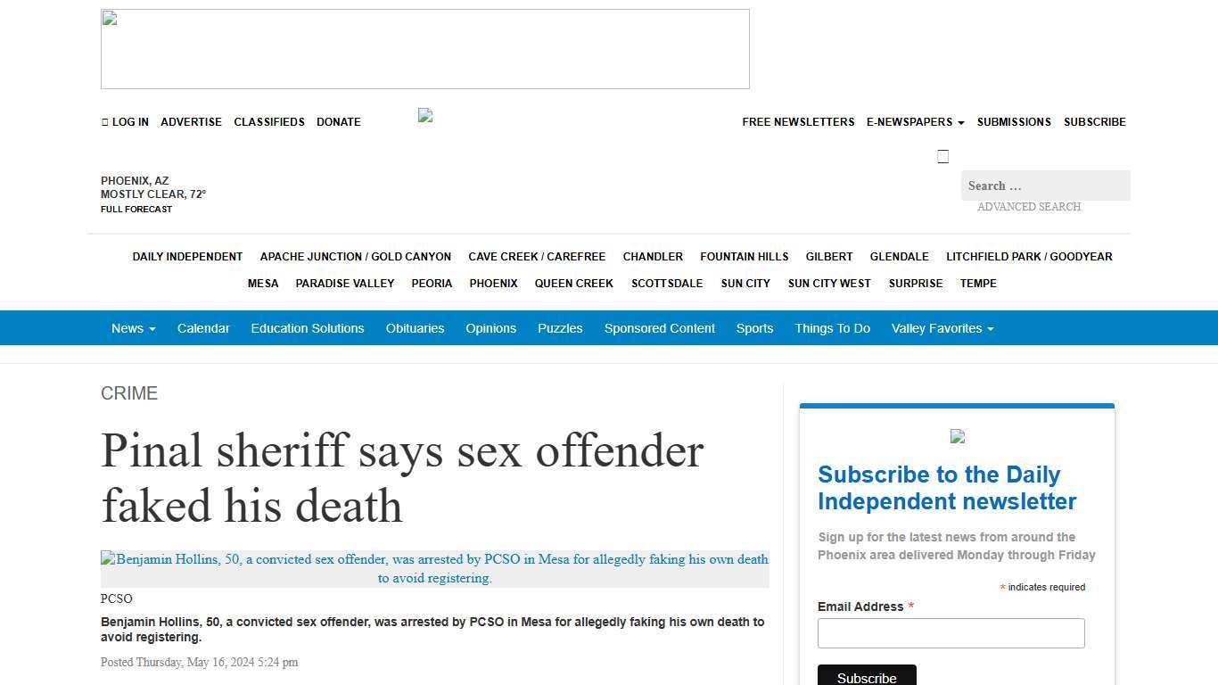 Pinal sheriff says sex offender faked his death - Daily Independent